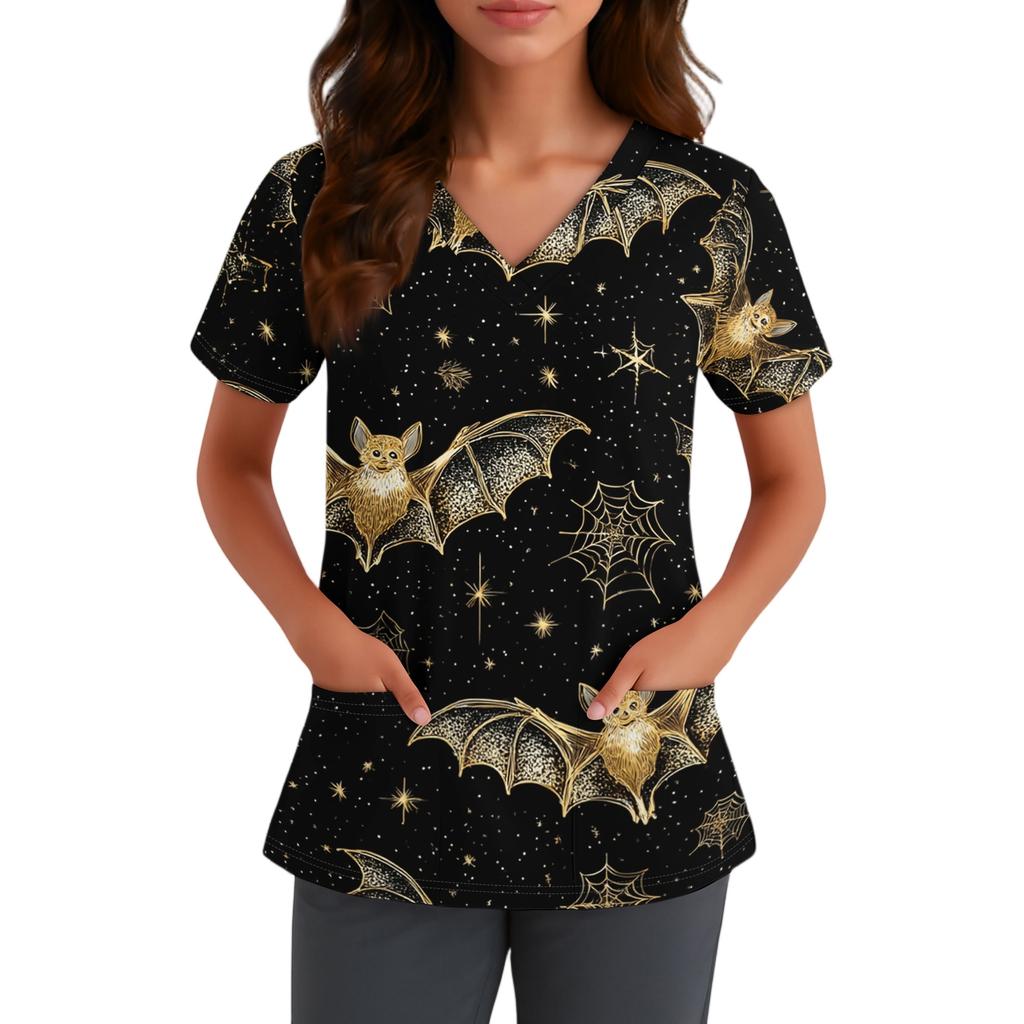 Women V Neck Short Sleeve Work Shirt with Pocket Halloween Printed Top for Nurse Healthcare Uniform Scrub Top