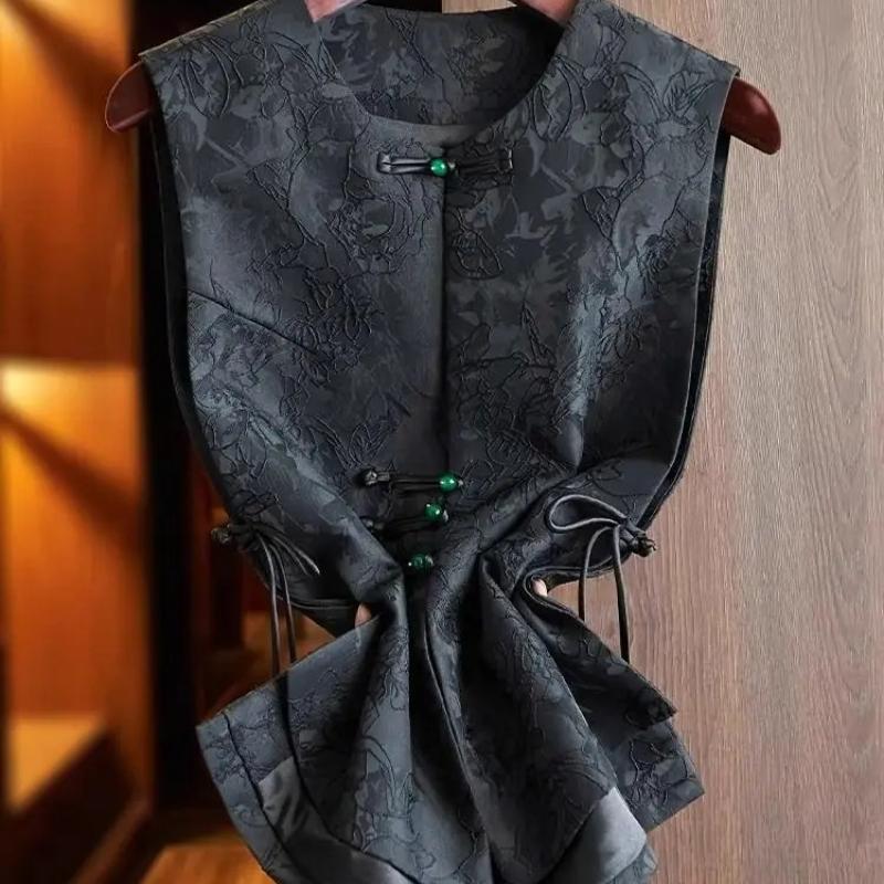 Black Jacquard Vest Women Chinese Style Vintage Embroidered Vest Round Neck Sleeveless Retro Tops