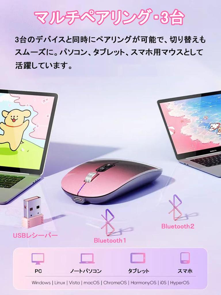 [Multi-Connection, 3 Devices, Battery Level Display] Wireless Mouse with USB and Bluetooth 5.1 Support, Slim, Rechargeable Type-C, Supports up to 3