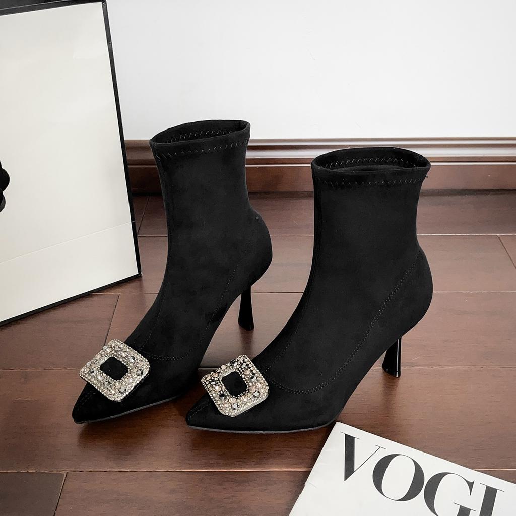 2025 New Pointed Thin Heel Short Boots Autumn and Winter Fashion Rhinestone Buckle Sleeve High Heel Thin Boots Medium Tube Women's Boots