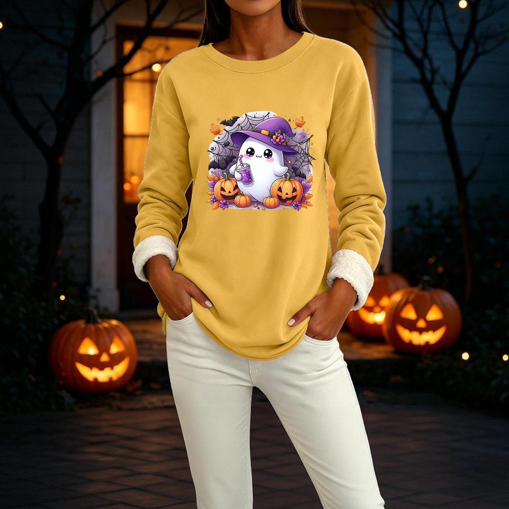 Women's Lined Round Neck Long Sleeve Halloween Print Casual Top for Winter