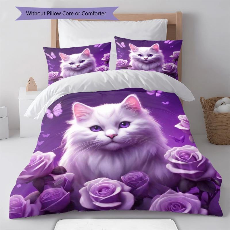Elegant White Long‑hair Cat Purple Rose Butterfly Print 3 Pieces Duvet Cover Set Pet Animal Bedding Bedroom Home Decor Without Pillow Core Comforter