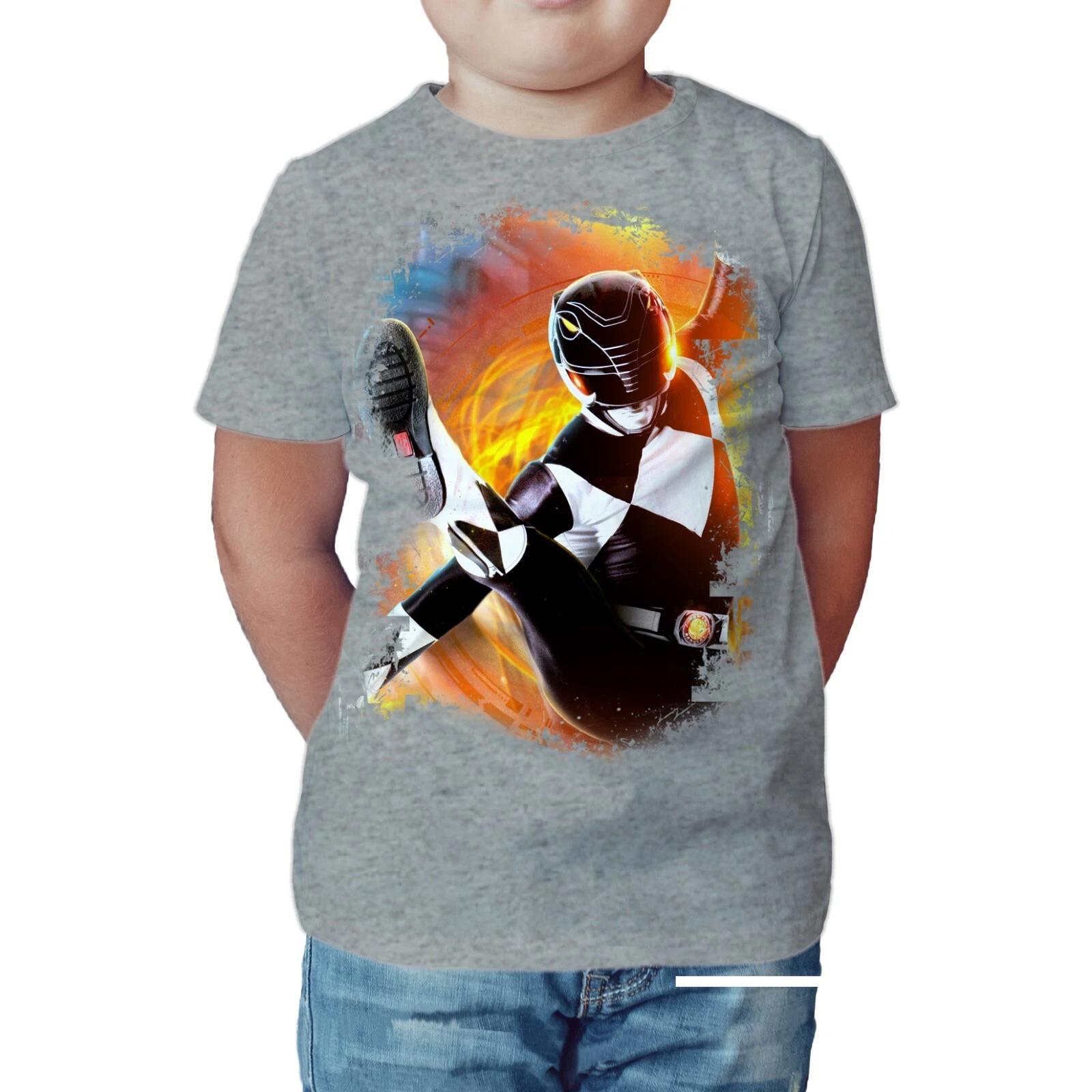 Power Rangers Photo Black Ranger Kick Official Kids T-Shirt Mighty Morphin Tee 150