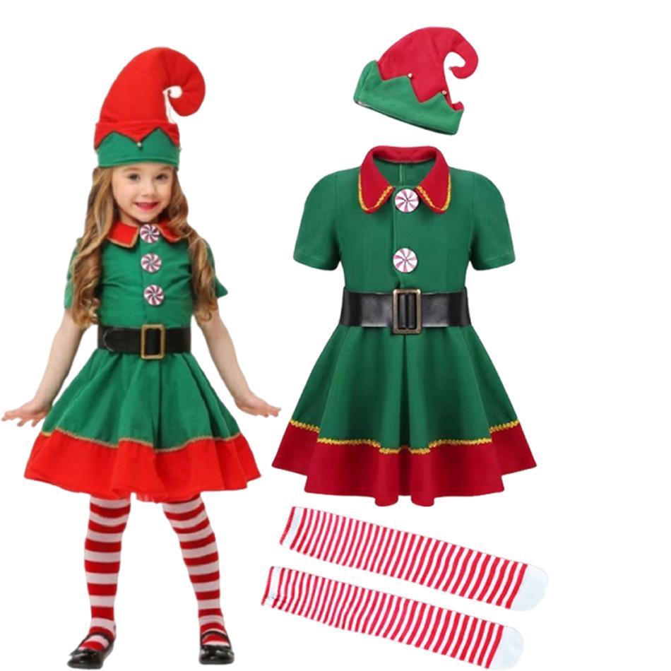Girls Boys Christmas Elf Costume Xmas Santa Claus Green Elf Dress Kids Outfits Cosplay Clothing Xmas Gifts