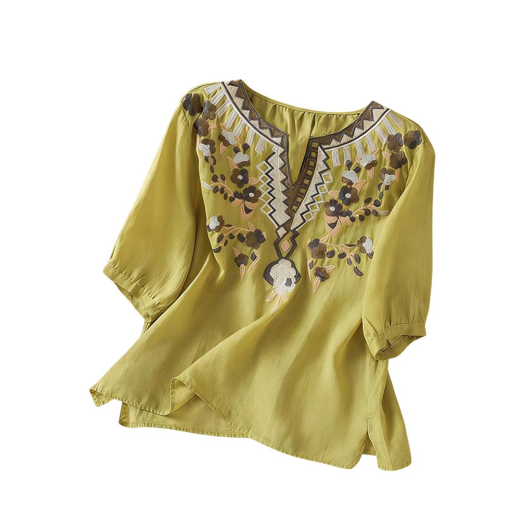 Damen Retro Besticktes Baumwoll-Leinen Stilvolles Lässiges Hemd Top