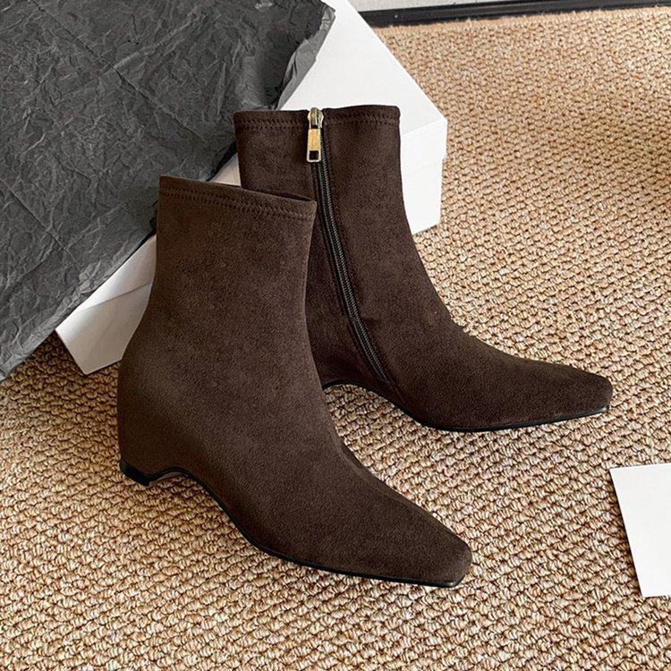 Soft leather version~ retro minimalist thin boots femininity square head inner height increase short boots side zipper thin elastic boots