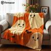 Cute Orange Moon Ghost Cartoon Anime Print Flannel Blanket Soft Warm Throw for Kids Bedroom Sofa Christmas Office Car
