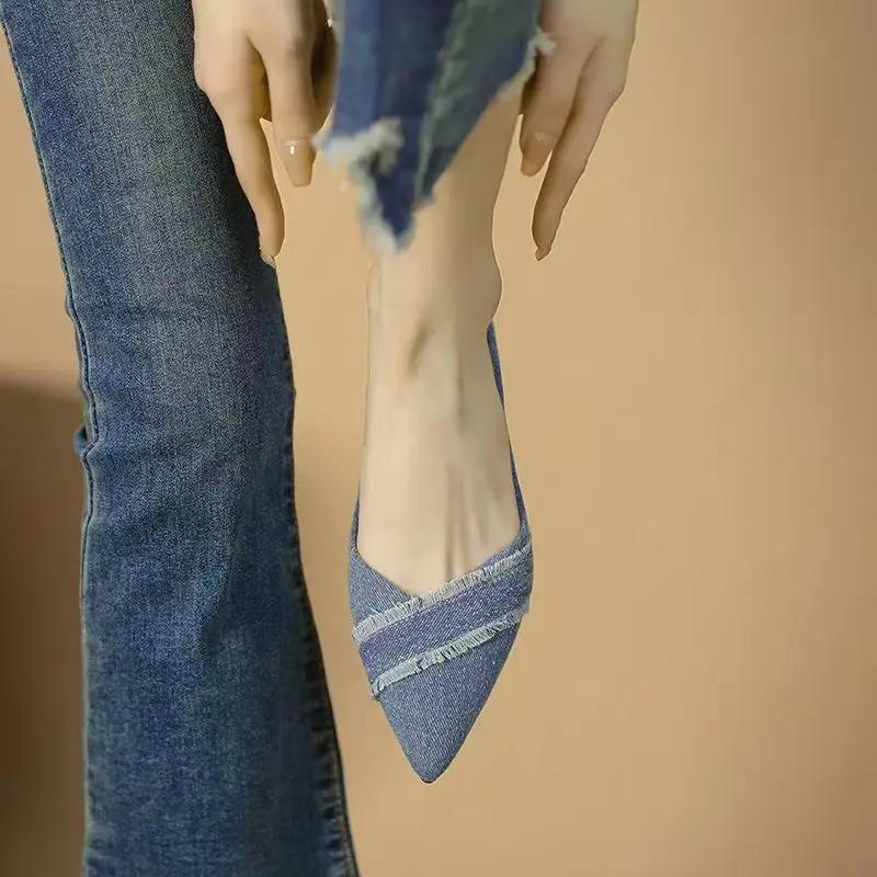 Fashion Denim Pointed Toe Blue Ladies Footwear Elegant Party Solid Color Social Fashionable 2025 Trend Chic Point 39 Women's Flat Shoes