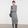 ELLE French High-End Knit Wool Unique Design Long Sleeve Dress Women dresses Medium-Gray EL40188