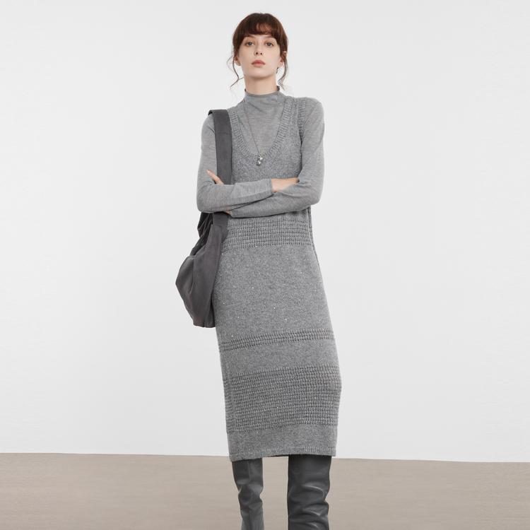 ELLE French High-End Knit Wool Unique Design Long Sleeve Dress Women dresses Medium-Gray EL40188
