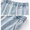 Men Casual Denim Shorts Male Elastic Waist Straight Leg Comfortable Light Blue Soft Short Pants Baggy Wide Leg Jeans