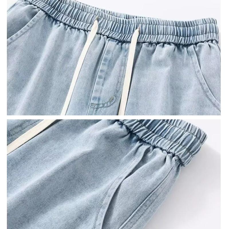 Men Casual Denim Shorts Male Elastic Waist Straight Leg Comfortable Light Blue Soft Short Pants Baggy Wide Leg Jeans
