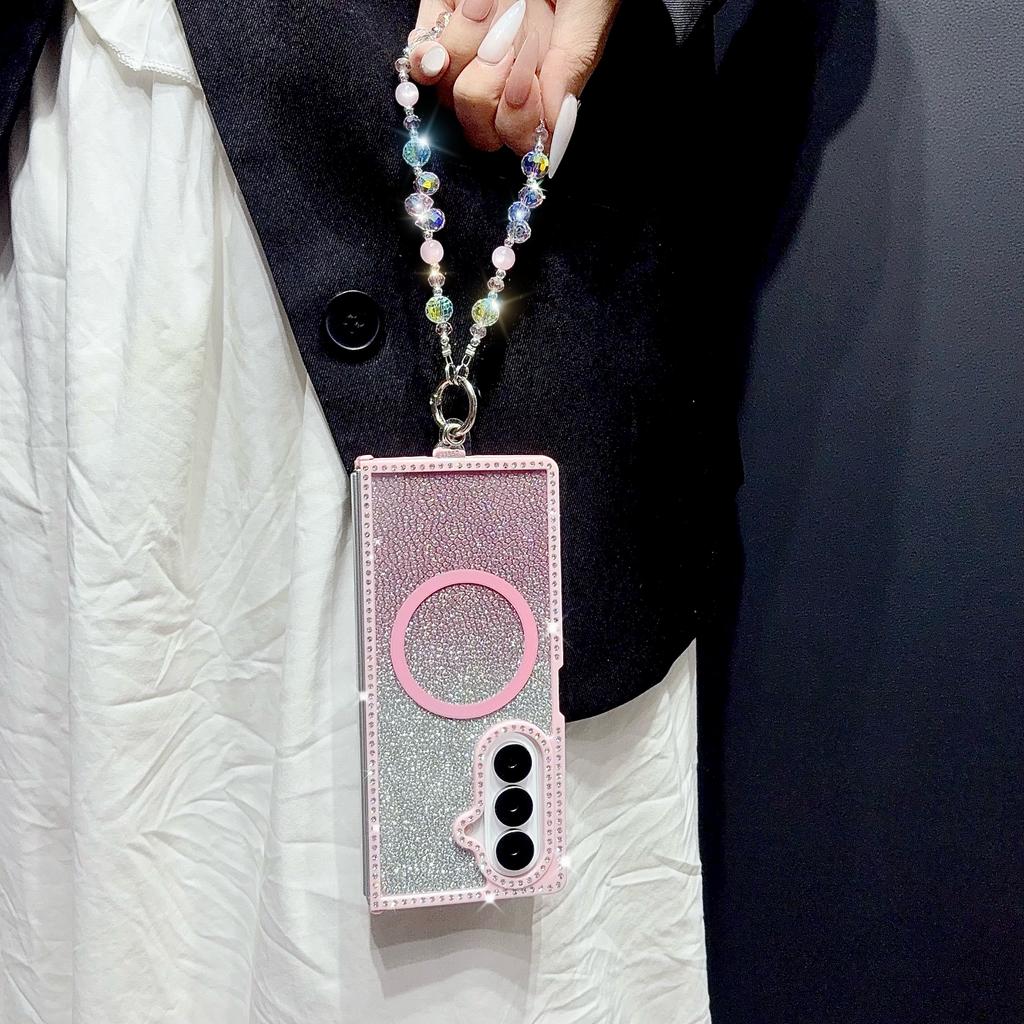 Fashion Glitter Inlaid Diamond Magnetic Phone Case For Samsung Galaxy Z Fold 7 6 5 4 3 Crystal lanyard Shockproof Slim Cover