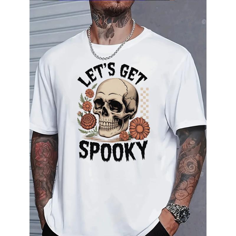 Mens Fashion Casual Trendy Halloween Skull Flower Checkerboard Graphic T - Shirt for Adults Men Party Outfit Holiday Gift