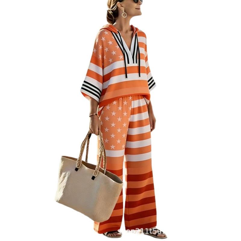 New Spot Women's Star Stripe American Flag Casual Hooded V-Neck Suit Vacation Bohemia