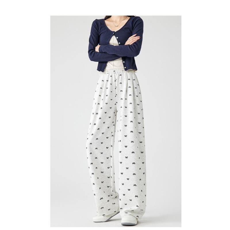 

Дизайн-сенсорные брюки с принтом бантов, широкие брюки, повседневные брюки, женские осенние брюки прямого покроя с высокой талией, брюки до пола XL