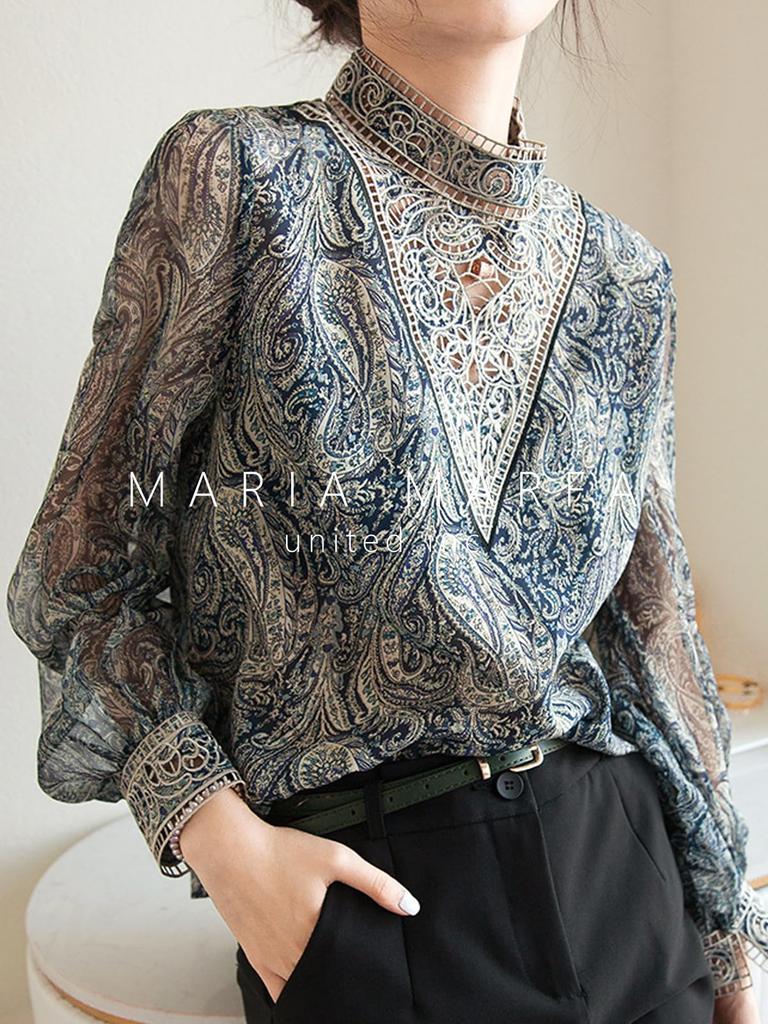 MARIA MARFA Paisley-Bestickte Spitze Hochzeit Büro Schlicht Elegant Floral Formal Gekräuselt Schwarz Größe Damenbluse, Durchsichtig, Frühling/Sommer Oberteil,