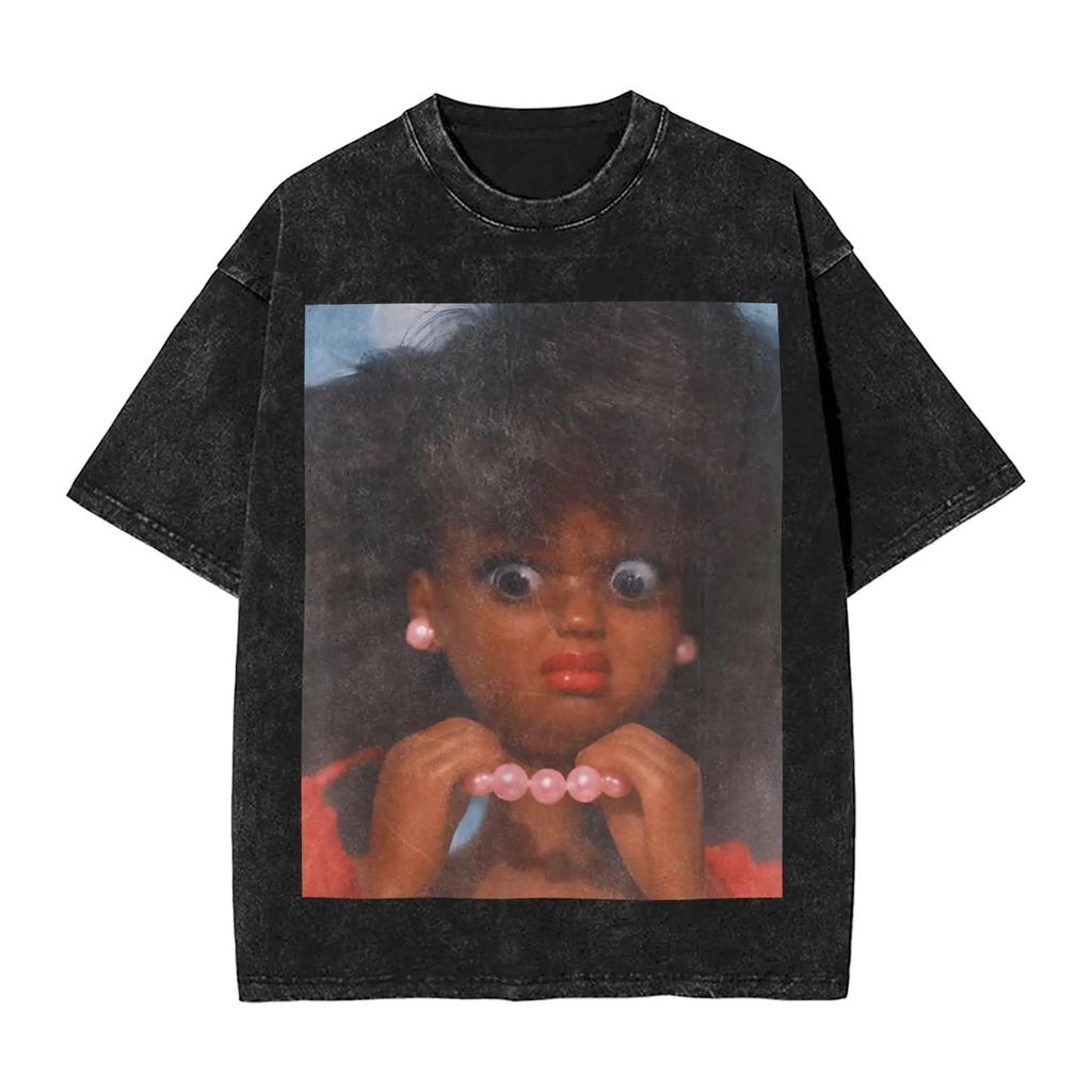 Distressed Doll Face Graphic Print Funny Meme Harajuku Fashion Tshirt Women Men Vintage Washed Oversized Top Cotton Summer Tees