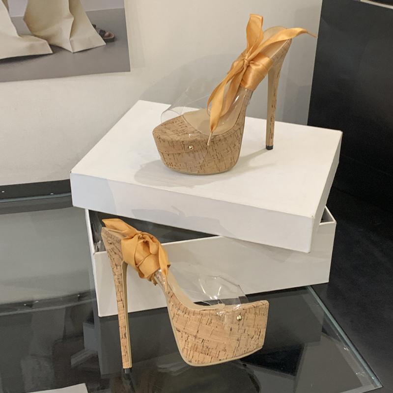 Fashion Liyke New Sexy Yellow Silk Ankle Strap Platform Sandals Women 16CM Transparent Shoes Stiletto Peep Toe Party Club Stripper Heels