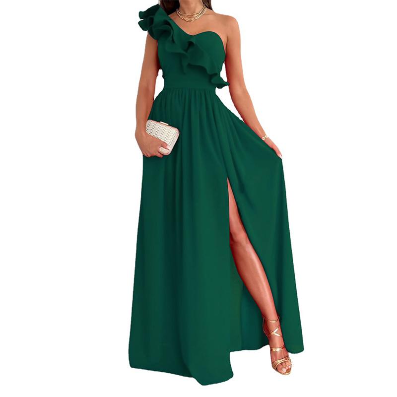 Summer Sleeveless Open Road Shoulder Lotus Leaf Hem Split Dress Women