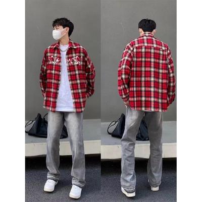HTTAOSUP Red Plaid Shirt Unisex Long Sleeve Spring Autumn American Style Retro Letter Embroidery Casual Jacket