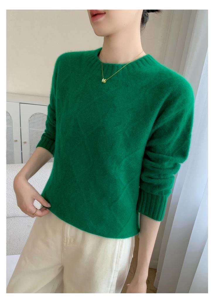 Women's Loose Fit Cashmere Sweater, Round Neck Diamond Cable Knit