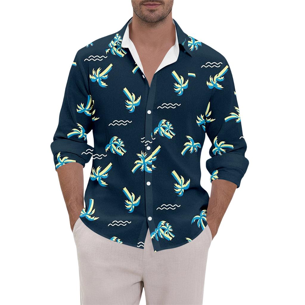 Men's Clothing Long Sleeve Hawaiian Shirt for Men Casual Button Down Shirts for Men Lightweight Floral Design