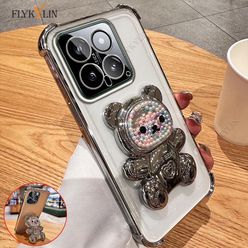 FLYKYLIN Coque de téléphone mignonne avec support ours plaqué pour Xiaomi Redmi 15C 14C 13 13C Housse transparente avec support