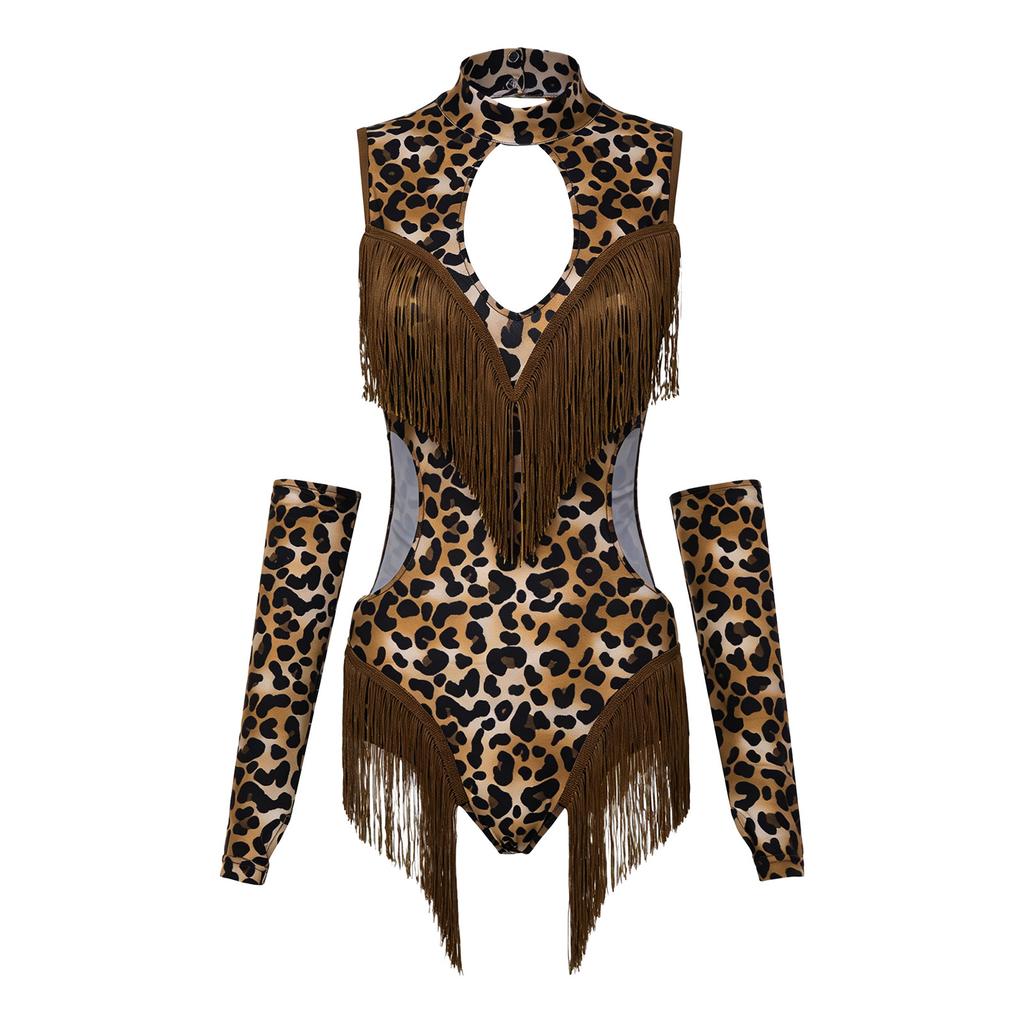 Women Leopard Print Latin Bodysuit Oversleeve Tassel Keyhole Backless Hollow Waist Button Crotch Leotard