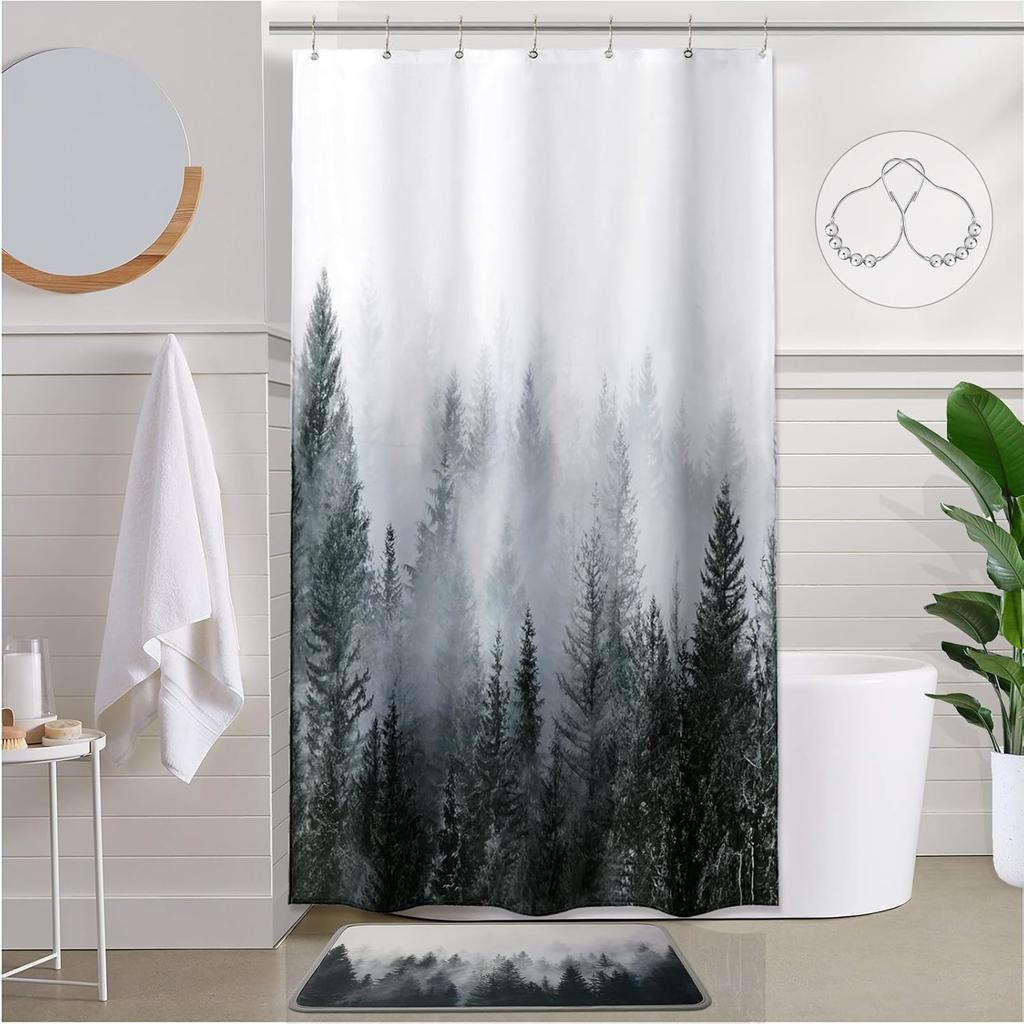 Green Shower Curtain for Bathroom Misty Forest Pattern, Nature Woodland Artistic Shower Curtain Set with Metal Hooks, Waterproof