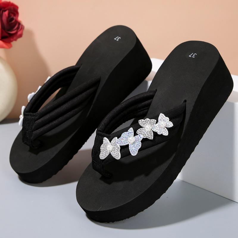 Fashion 2024 Summer Sandals New Style Shiny Butterfly Flower Thick Sole Wedge Heel Round Toe Clip Comfortable Flip Flops for Women