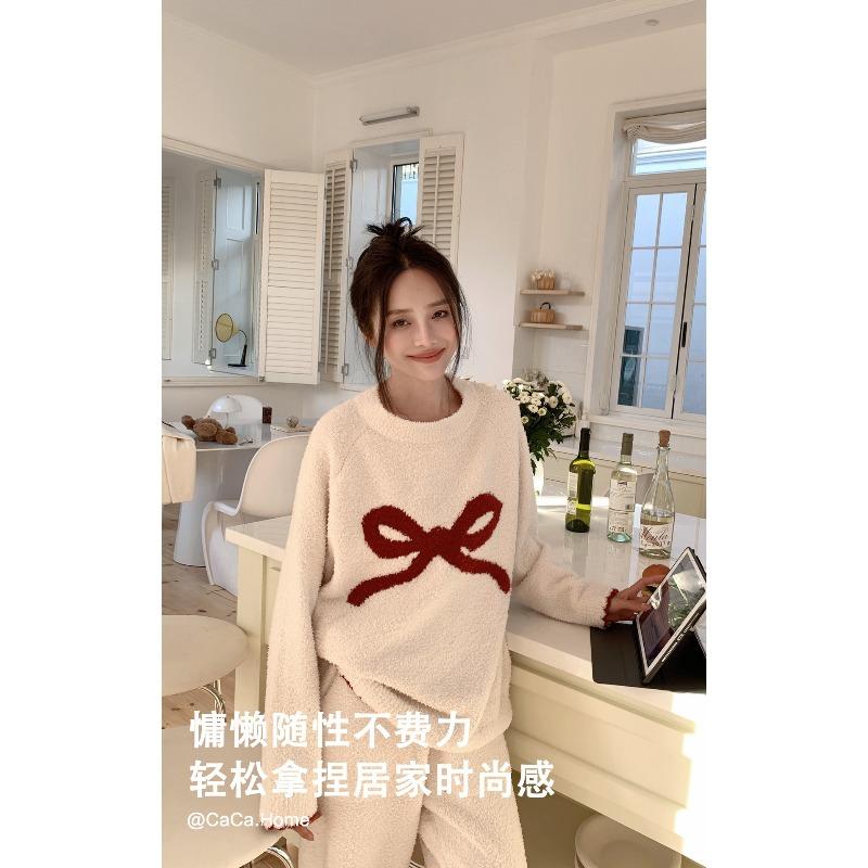 

Half fleece pajamas winter new soft women s thermal suit fleece thickened loungewear can be worn outside average size (90-70 kg)