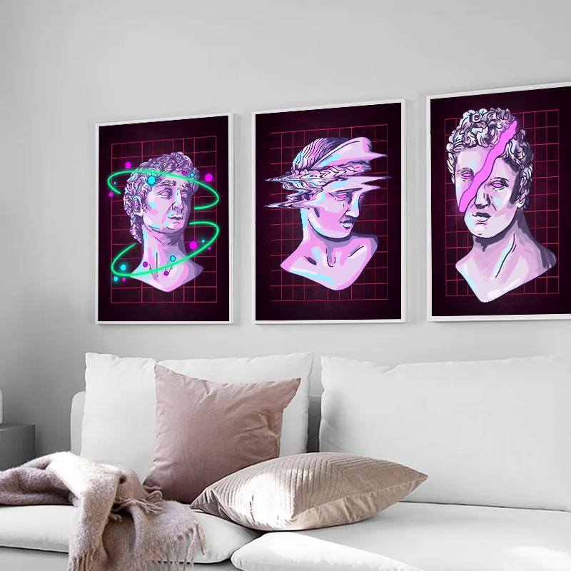Neon Effect Vaporwave Glitch Sculpture Posters Print Canvas Painting Abstract Wall Art Picture For Modern Living Room Home Decor