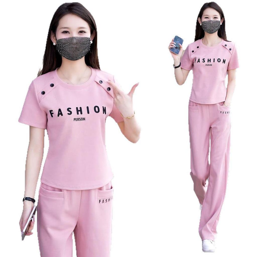 Youthful Summer 2025 Loose Round Neck Short Sleeve Top & Straight Leg Pants Set - Fashionable Sportswear for Versatile, Age-Reducing Style