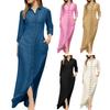 Spring Summer Women Dress Pure Color V Neck Loose Long Sleeves Lapel Split Hem Casual Ankle Length Soft Breathable Side Pockets Single-breasted