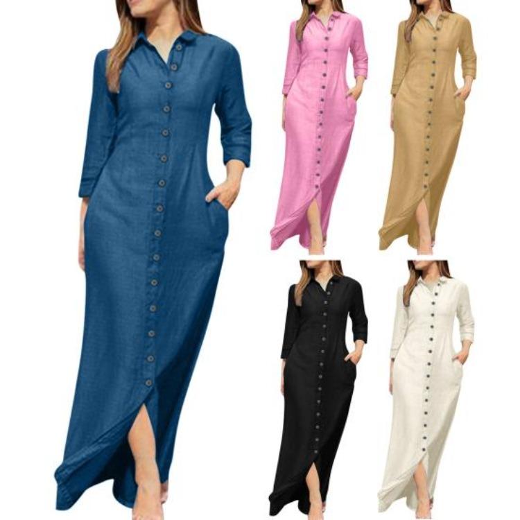 Spring Summer Women Dress Pure Color V Neck Loose Long Sleeves Lapel Split Hem Casual Ankle Length Soft Breathable Side Pockets Single-breasted