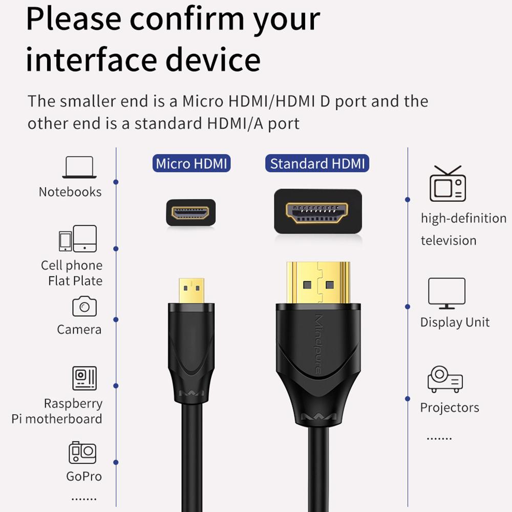 MINDPURE AD015 2m 4K 60Hz HDMI to Micro HDMI Male to Male Adapter Cable for Camera/Tablet/Laptop