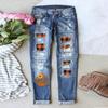 Women's Mid Rise Straight Leg Distressed Halloween Pumpkin Ghost Patch Print Long Denim Pants Summer Street Jeans