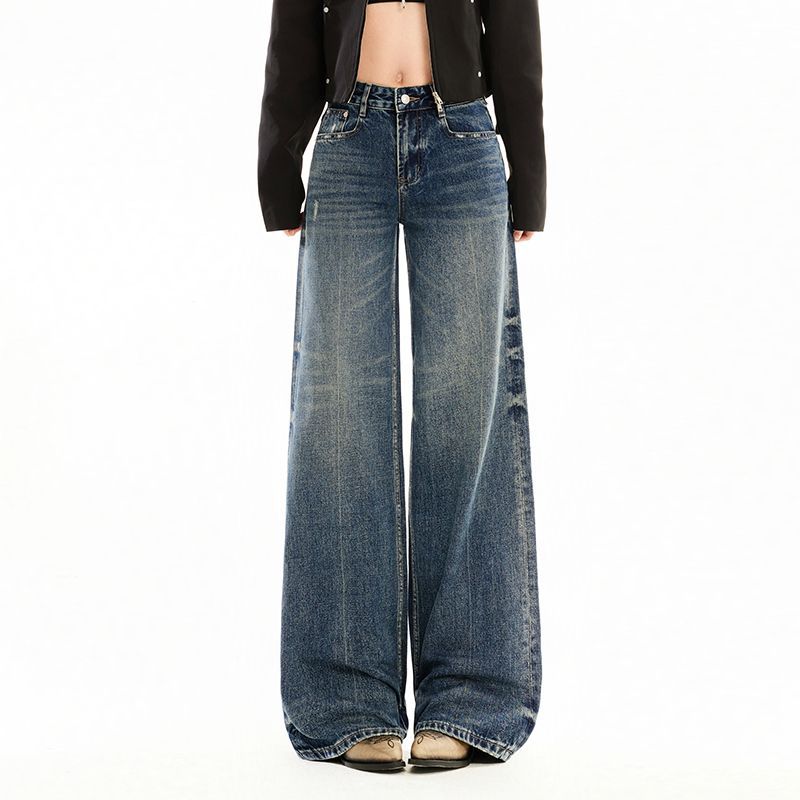 Early Spring Vintage Distressed Mid Low Waist Non Stretch Relax Straight Floor Wide Leg Denim Pants For Women Casual Pants Oversize Denim Trousers