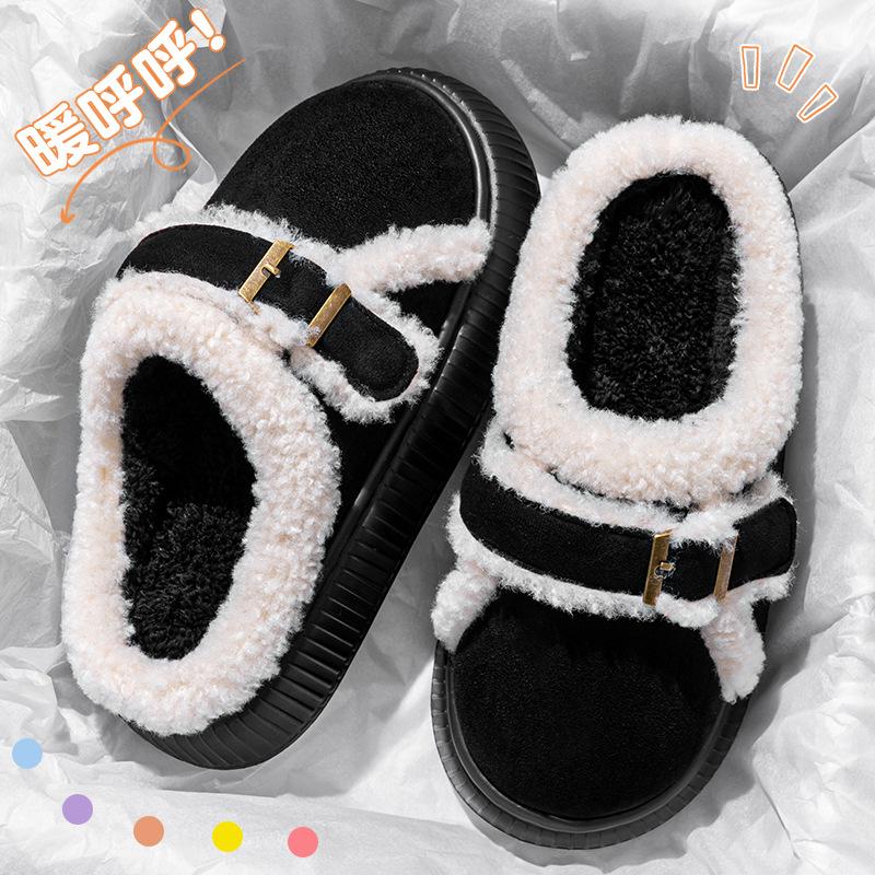 Thick bottom plush warm cotton slippers winter home indoor plush thickened outer wear non-slip fashion buckle cotton mop