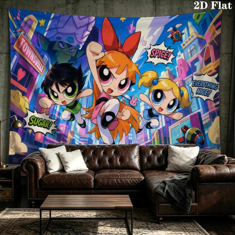 Powerpuff Girls Wall Tapestry Aesthetic Wall Hanging Printed Fabric Blanket Decorative Tapestries for Bedroom Living Room Home Decor
