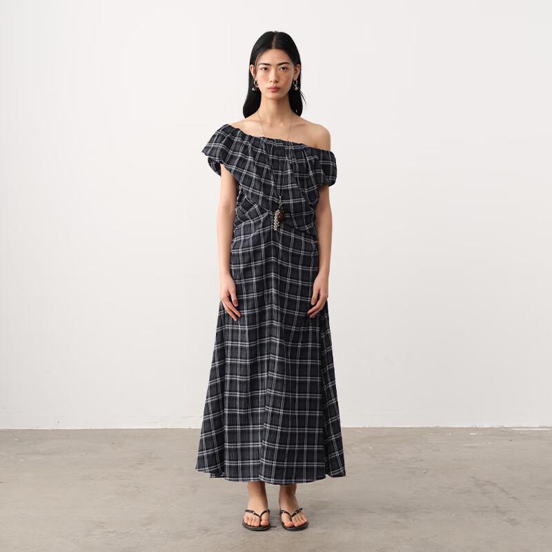 GREEN BELT Blue-Black Plaid Off-Shoulder A-Line Long Dress
