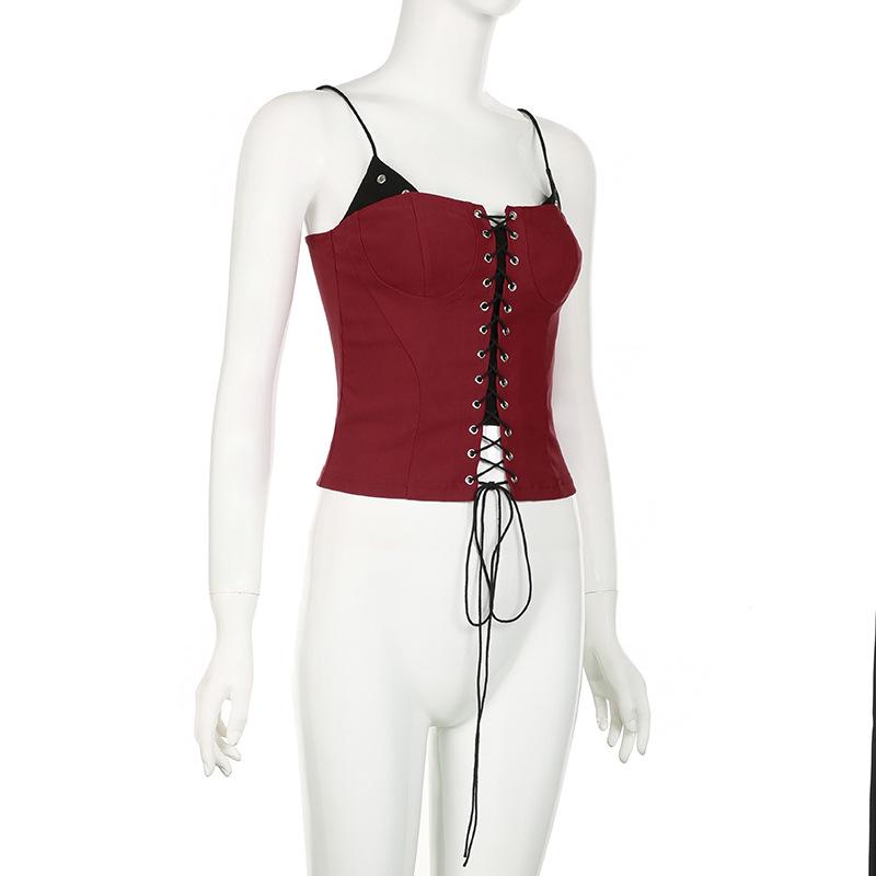 Color Block Lace-Up Slimming Camisole - Chic Pure Desire Top