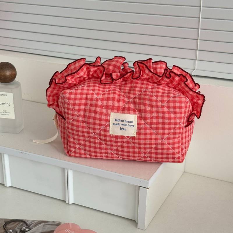 Borsa da Trucco in Cotone con Bordino in Pizzo per Viaggio e Uso Quotidiano Organizer da Donna