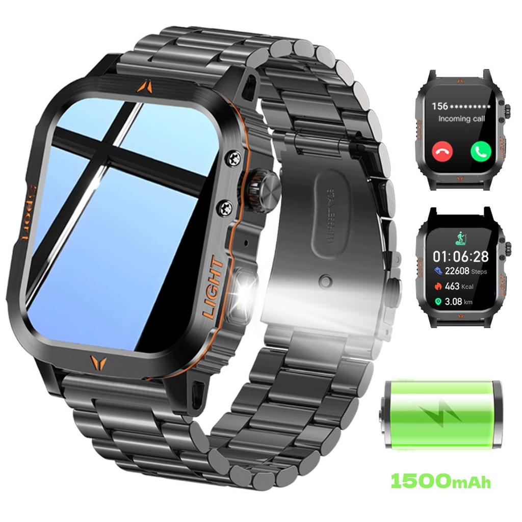 Odolné a trvanlivé Vojenské chytré hodinky 1500mAh baterie 30denní Blouetooth Hovor multifunkčnost,LED svítilna 150sportovních režimů Android iPhone.