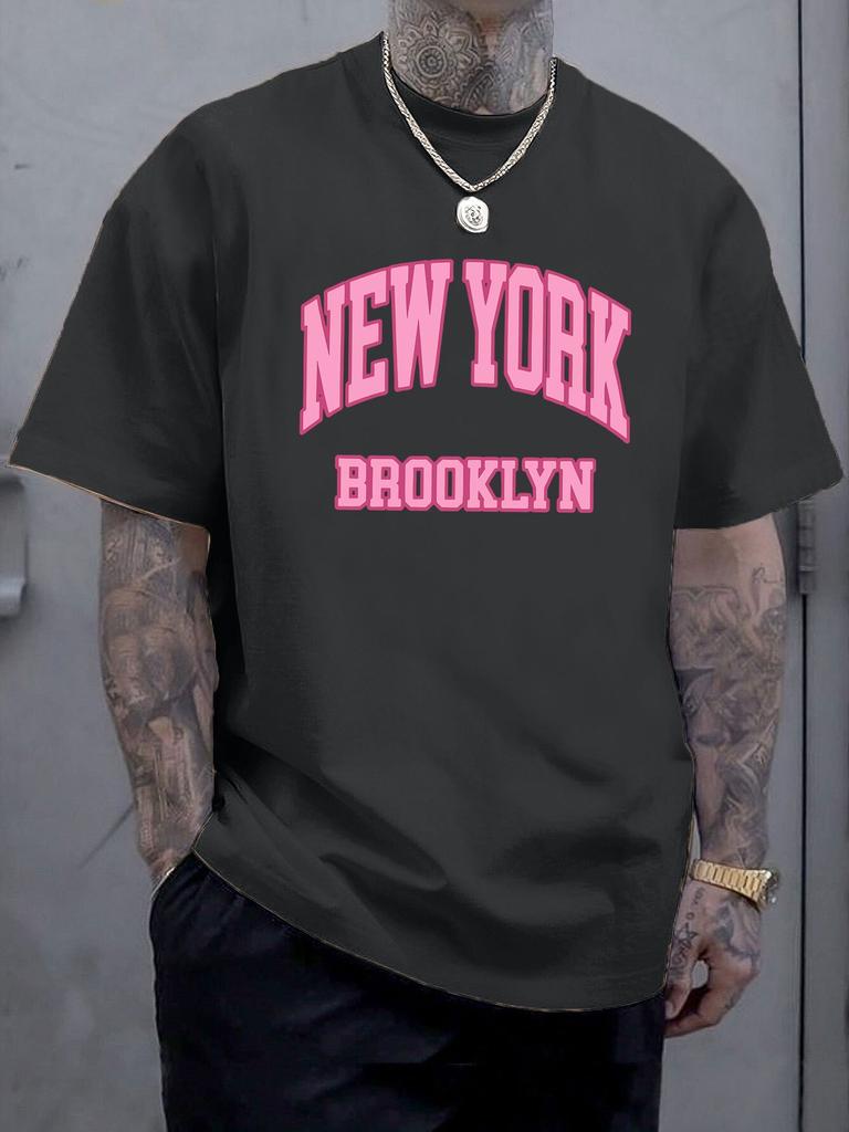 New York Brooklyn Retro Pink Letter Print Unisexs Crew Neck Short Sleeve Casual Basic Summer Daily Soft Comfort Fit Wear Tee Shirt
