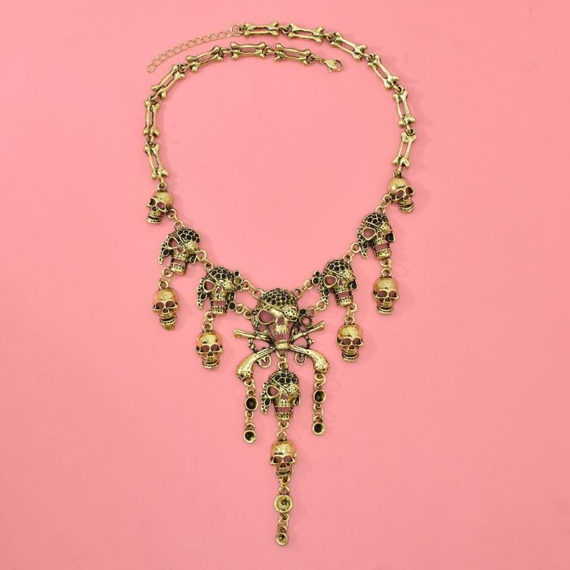 Halloween Pirate Skull Necklace Unisex Personality Skeleton Pendant Bones Chain Alloy Choker Women Jewelry Accessories