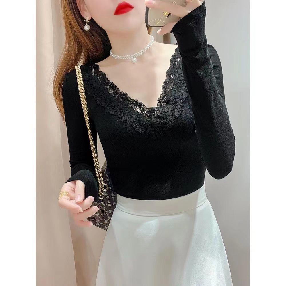 Koszula z dekoltem w serek z koronką na dole damska na wiosnę i jesień modna seksowna podszewka modna czarno-biała koszulka dopasowana góra