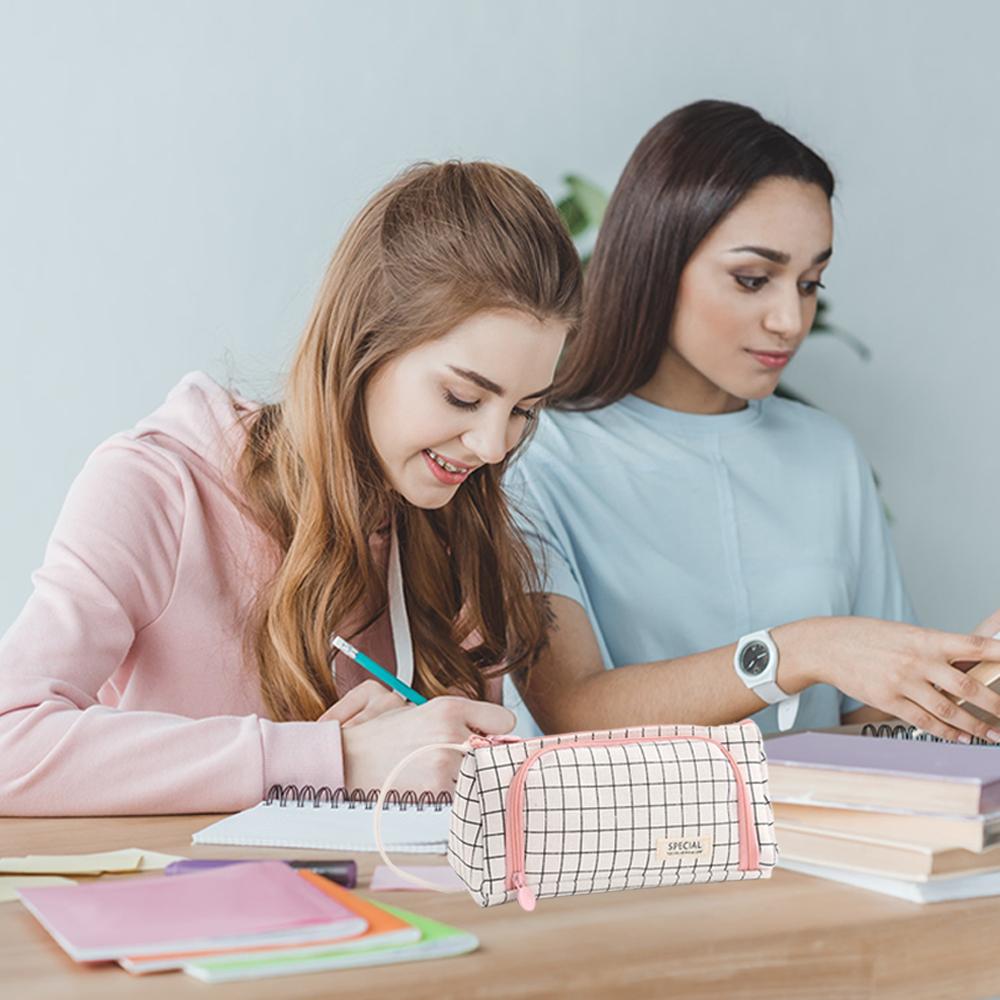 Student Canvas Triangle Stationery Box, Large Capacity Portable Pencil Pouch Stationery Organizer Storage Bag