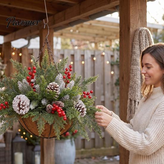 Winter Front Door Decoration Artificial Christmas Hanging Basket with Pine Branches, Red Berries & Pinecones, Natural Style Porch Decor Pre-lit